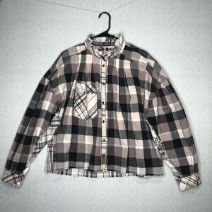 Free People Emily Plaid Shirt Gray Combo Women’s XL Boxy Cropped Bohemian Boho